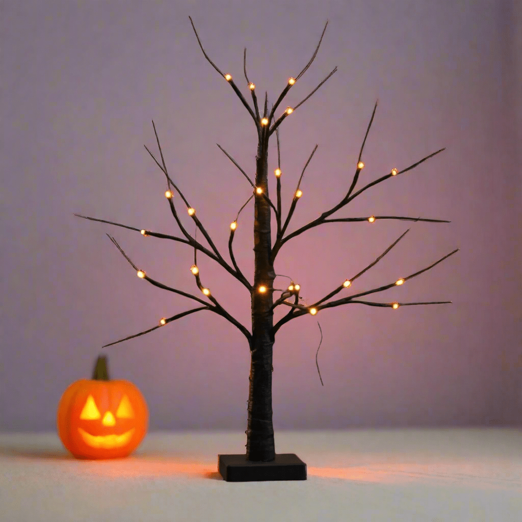Black Mini Halloween Twig Tree Pre-Lit Orange Static LED Lights 60cm