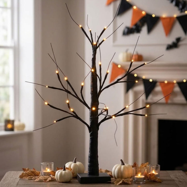 Black Mini Halloween Twig Tree Pre-Lit Orange Static LED Lights 60cm
