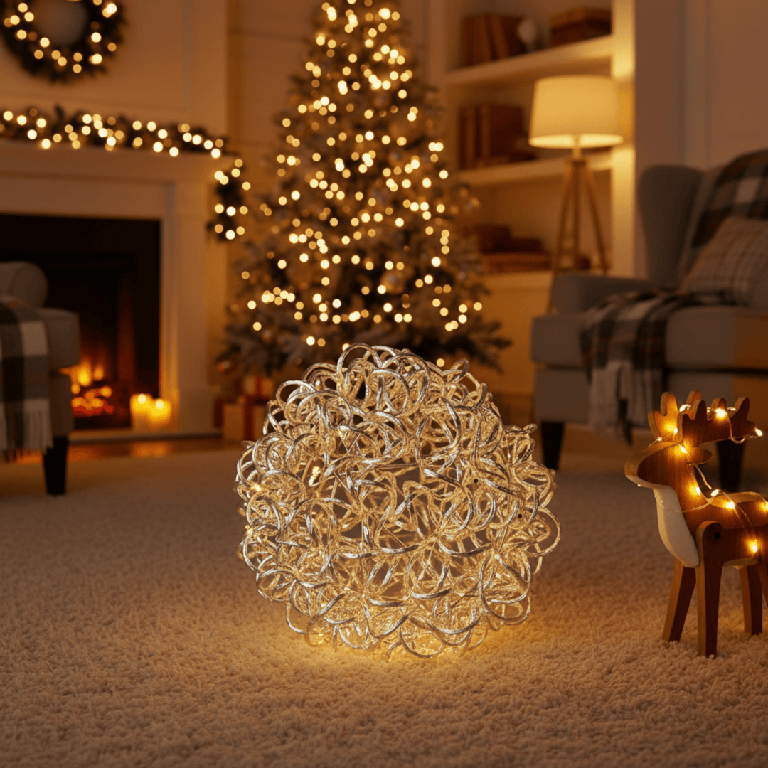 Decorative light ball on a carpeted floor with a Christmas tree and fireplace in the background.