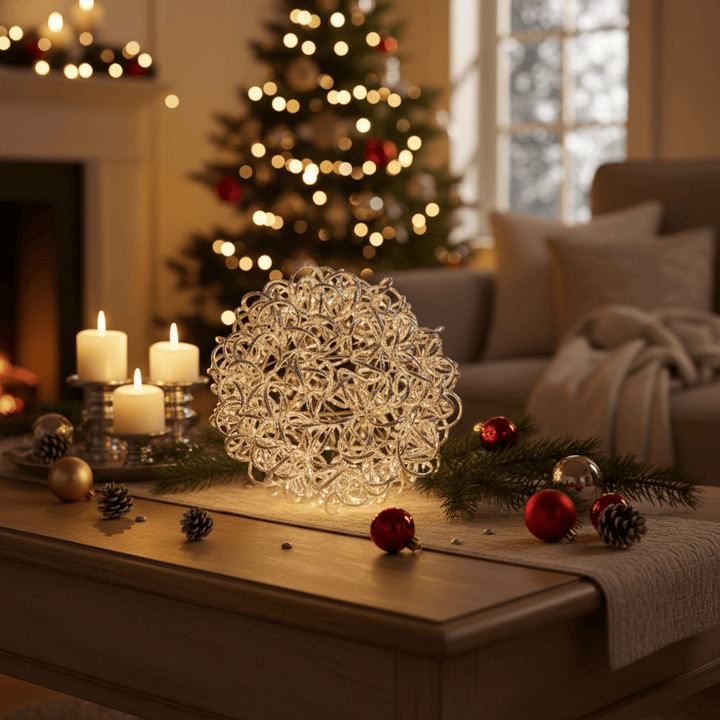 Decorative Christmas scene with a lighted wreath, candles, and ornaments on a table.