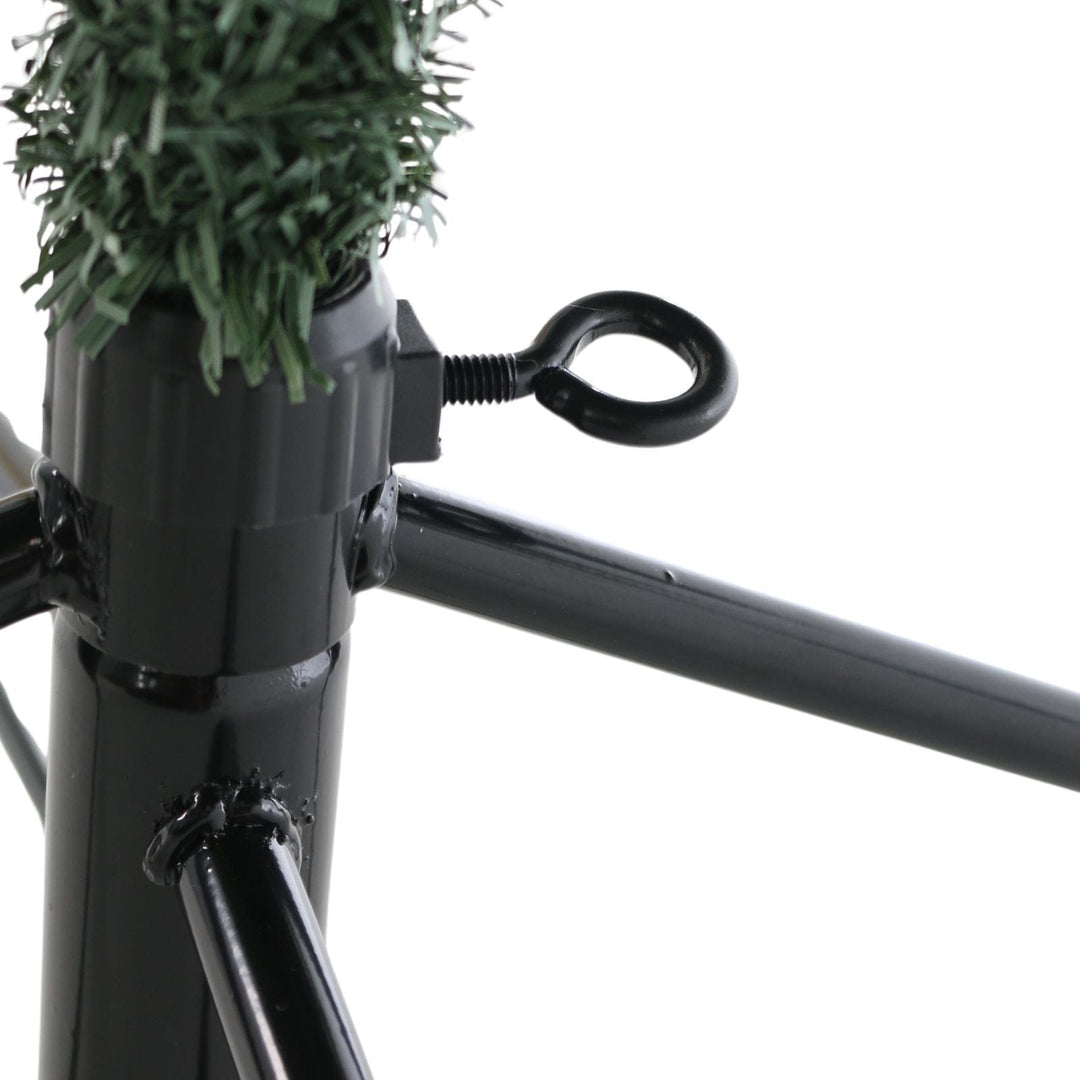 Close-up of a black metal stand with a turn key screw 