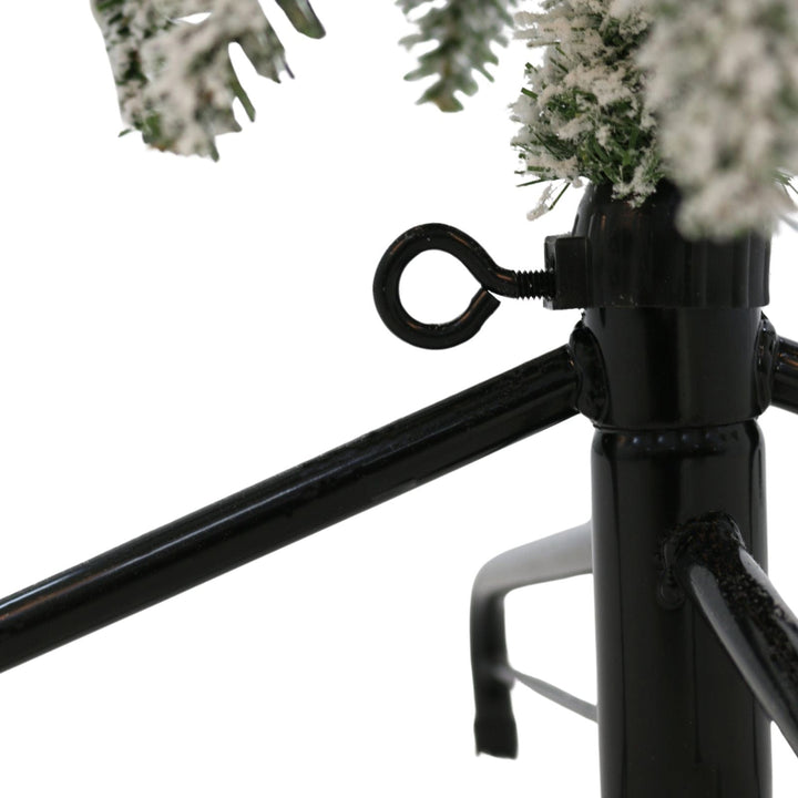 Close-up of a black metal stand with a hook on a white background