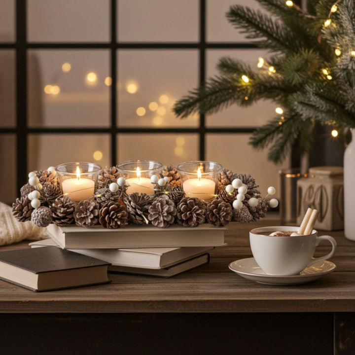 Light Up Pine Cone Berries Candle Holder Christmas Decoration 38cm