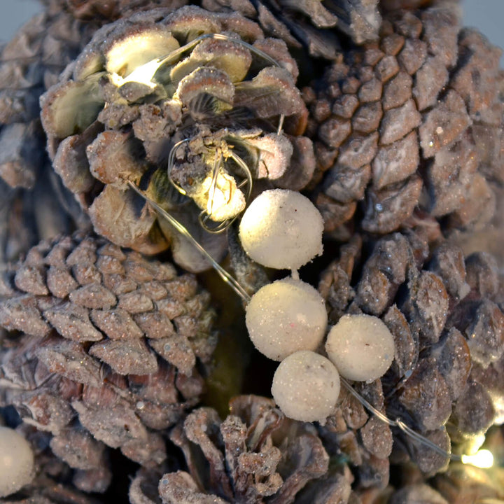 Detail of LED lights on pine cones and snowberries