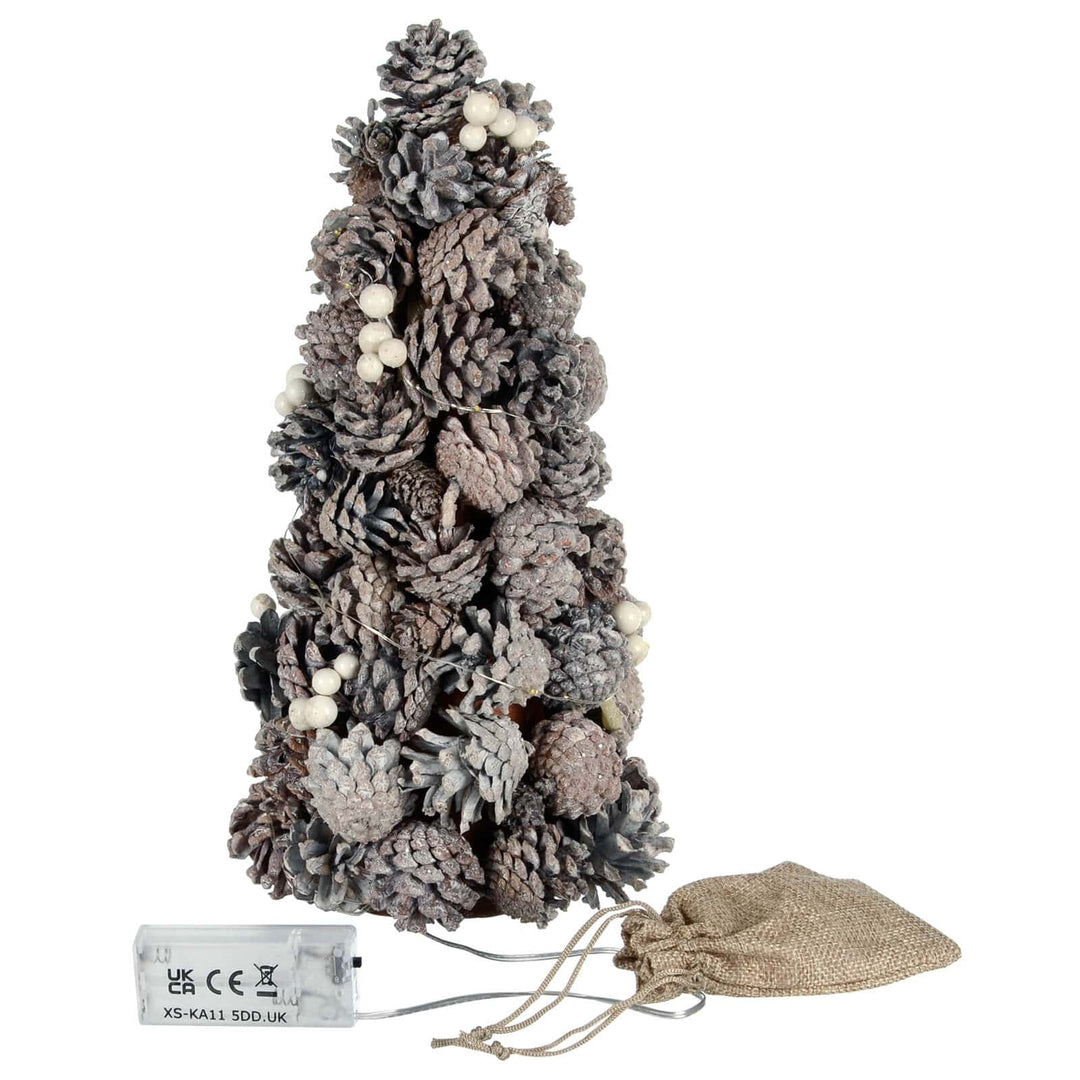small pine cone Christmas tree with battery pack and hessian bag