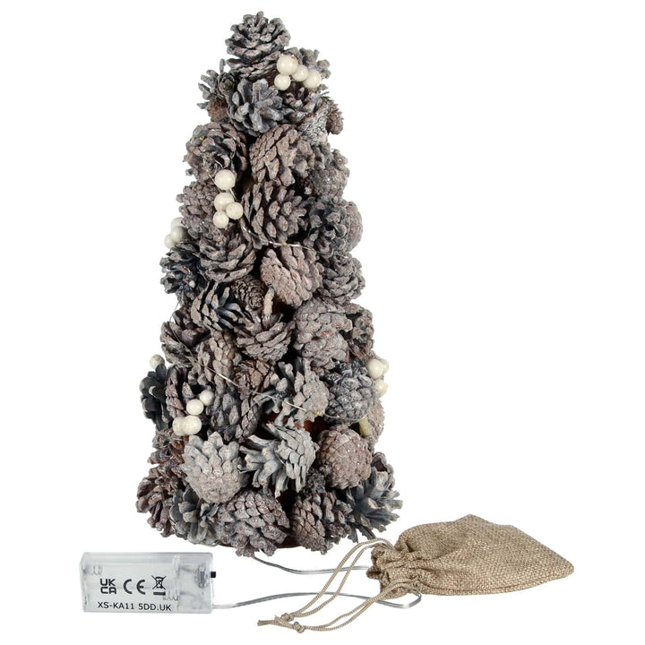 small pine cone Christmas tree with battery pack and hessian bag