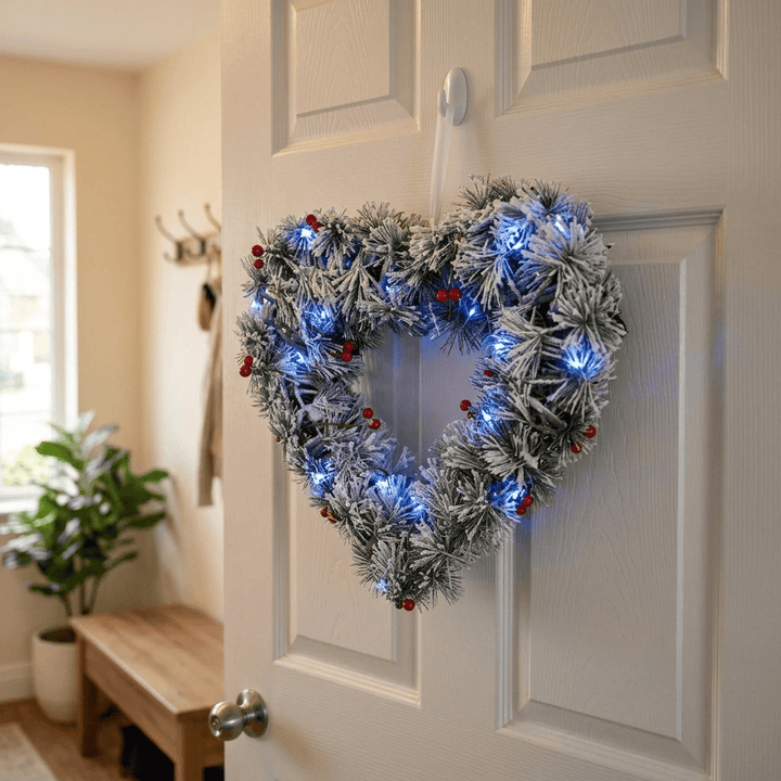 Light Up Heart Shape Christmas Wreath Snow Flocked Berries 42cm