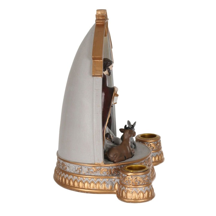 side view of nativity scene in blue grey colour with gold detailing