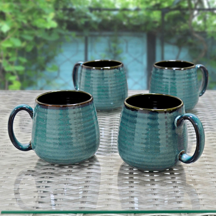 Set of 4 Large Coffee Mugs Rippled Ombre Blue Green New Bone China