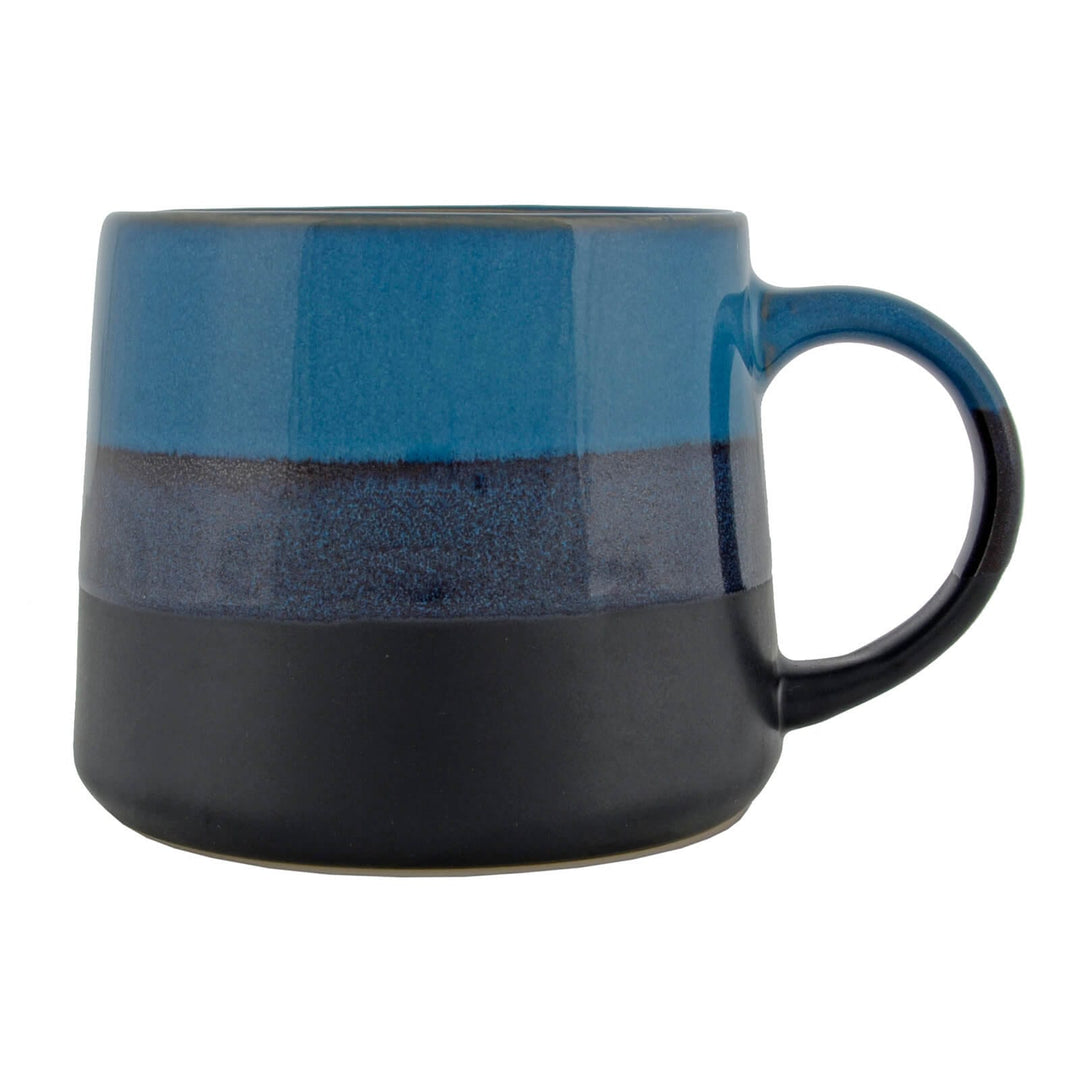 Profile of a wide base blue striped coffee mug
