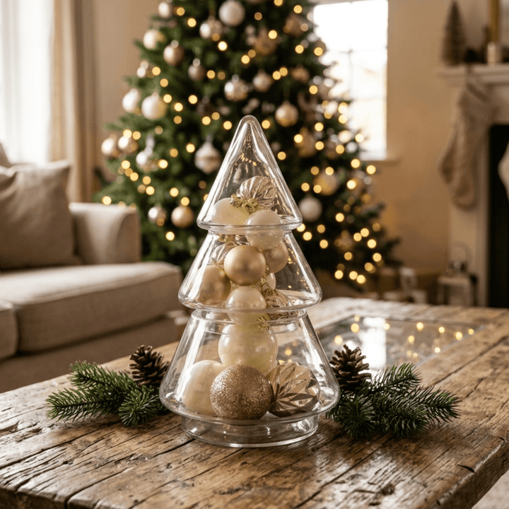 Christmas Tree Shape Tier Glass Storage Jar Container Lid Decoration