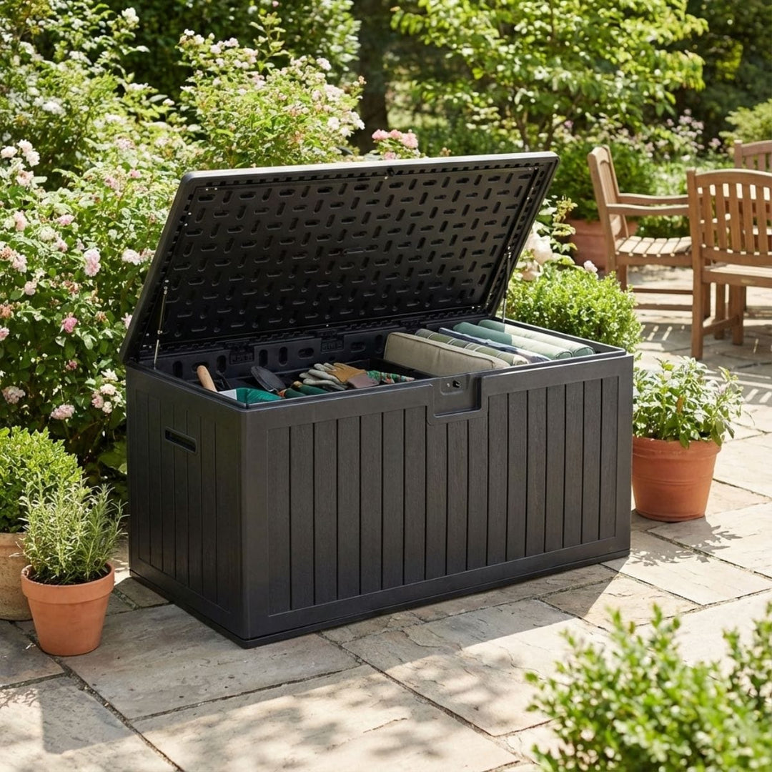 grey wood effect outdoor deck box with cushions, tools and garden gloves inside on patio space