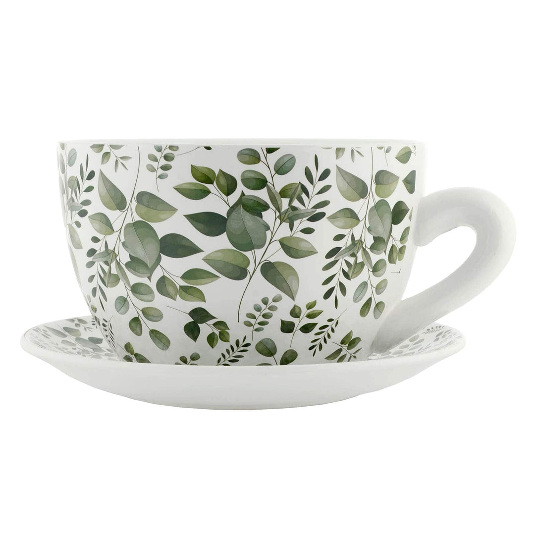 Profile of teacup and saucer planter with eucalyptus leaves pattern