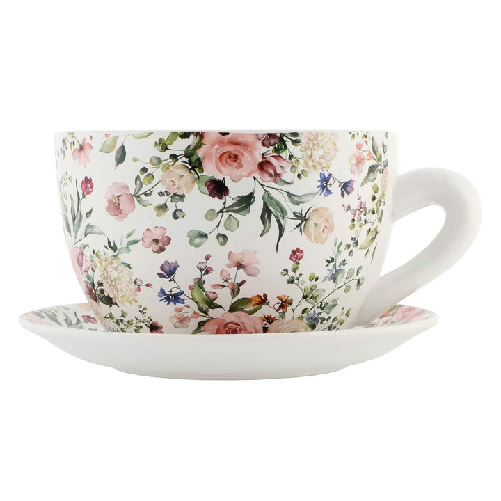 Profile of teacup and saucer planter with rose flowers pattern