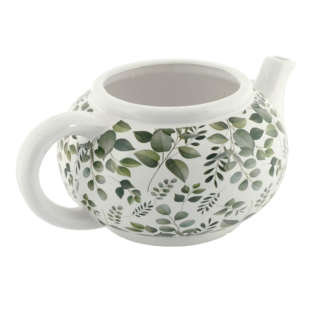 Teapot shaped flower planter with eucalyptus leaves pattern