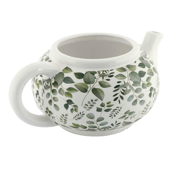 Teapot shaped flower planter with eucalyptus leaves pattern