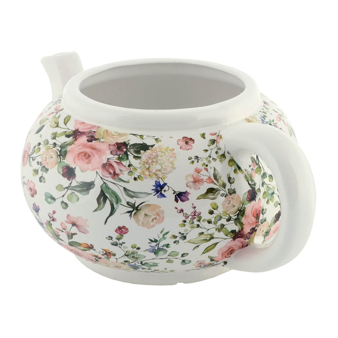 pink floral pattern white ceramic teapot