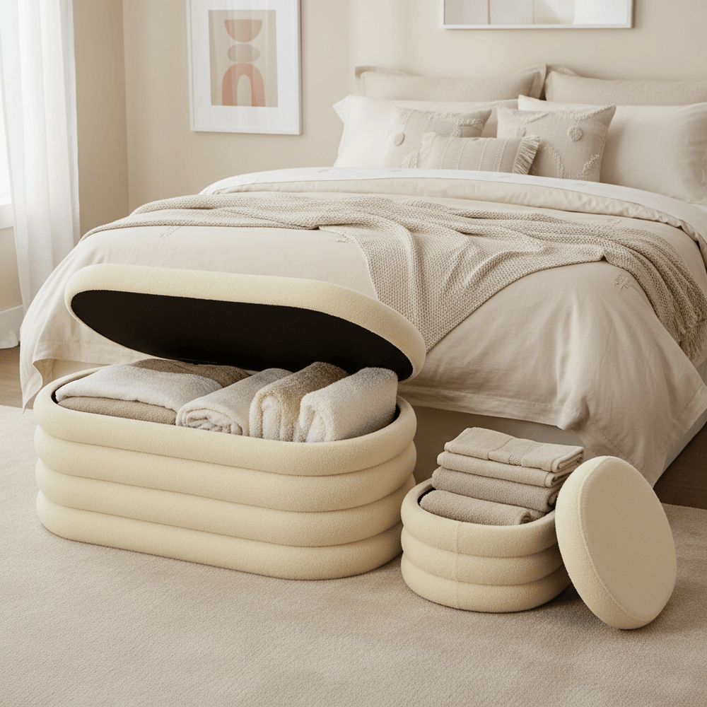Off White storage ottomans in a bedroom setting with folded clothes inside.