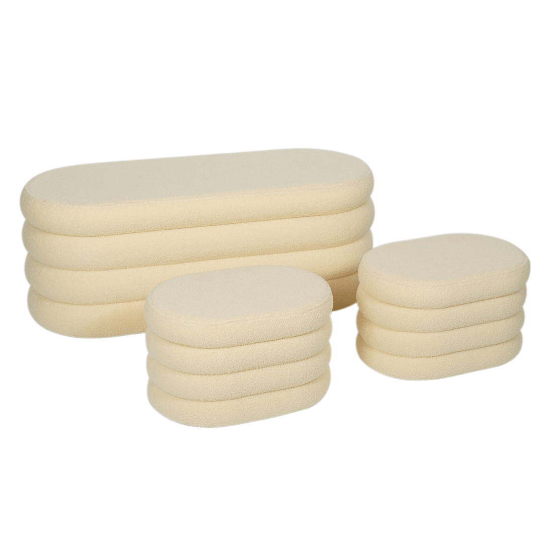 Set of 3 Teddy Ribbed Storage Stool Ottoman Bench Nested Plush Oval