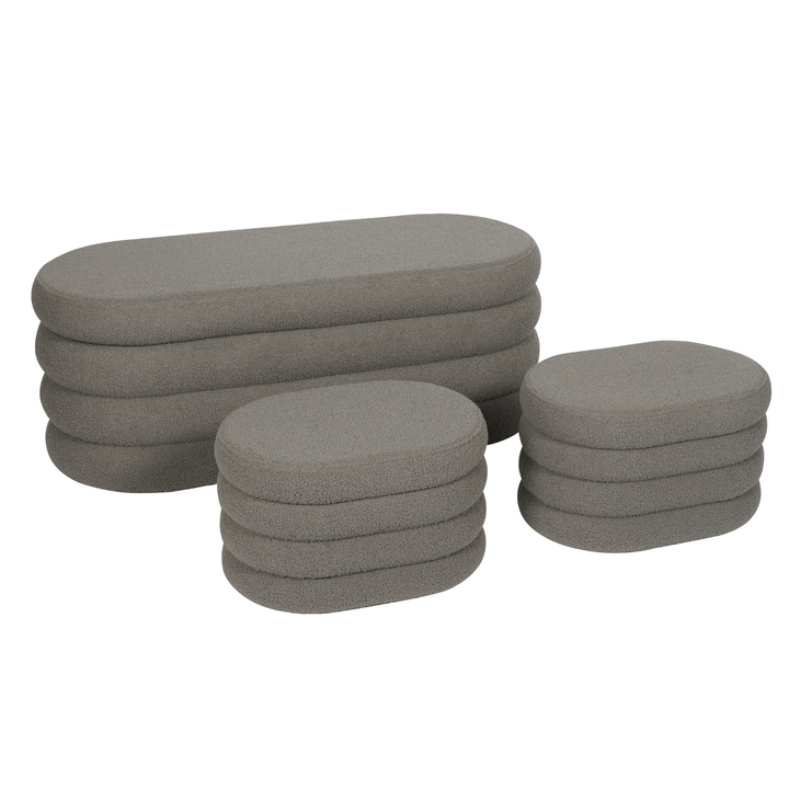 Set of 3 Teddy Ribbed Storage Stool Ottoman Bench Nested Plush Oval