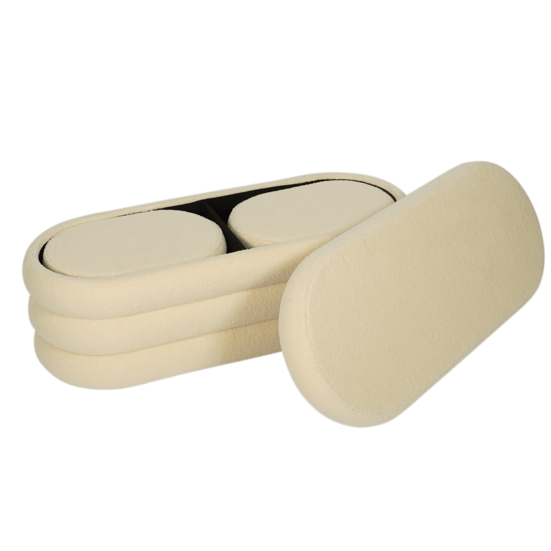 Set of 3 Teddy Ribbed Storage Stool Ottoman Bench Nested Plush Oval