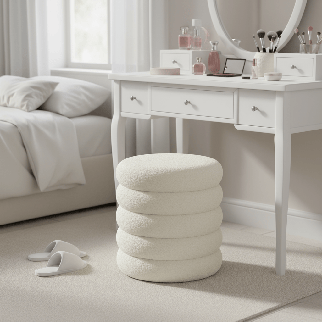 Ribbed Storage Stool Ottoman Plush Round Teddy Padded Seat Bedroom