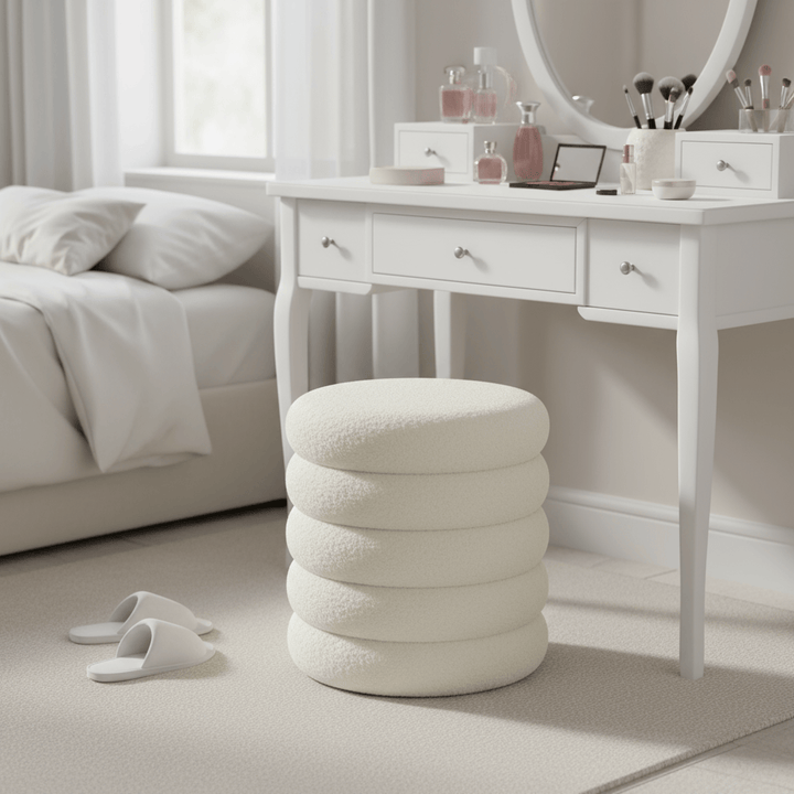 Ribbed Storage Stool Ottoman Plush Round Teddy Padded Seat Bedroom