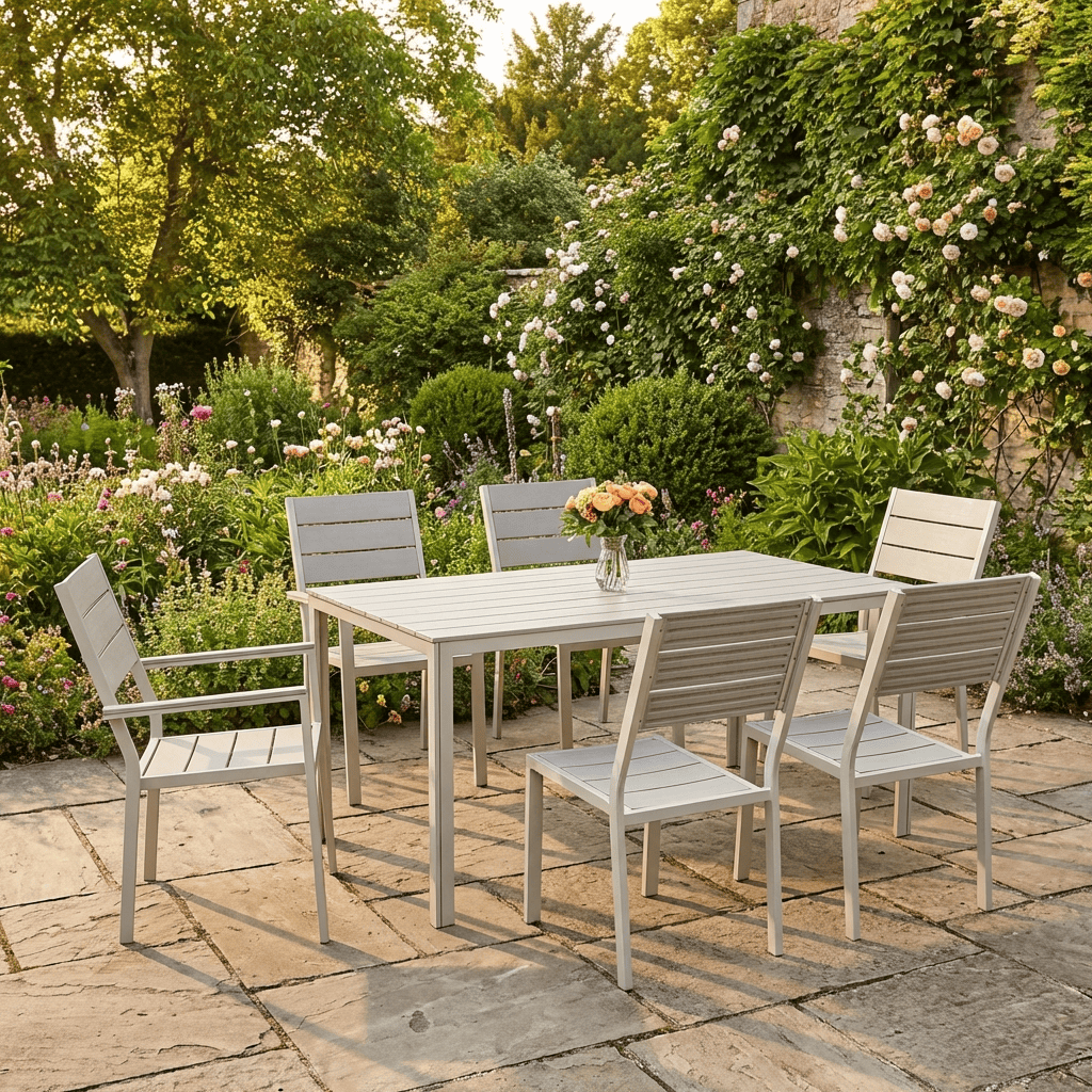 dining table with 6  chairs in large harden area with flowers and trees in background