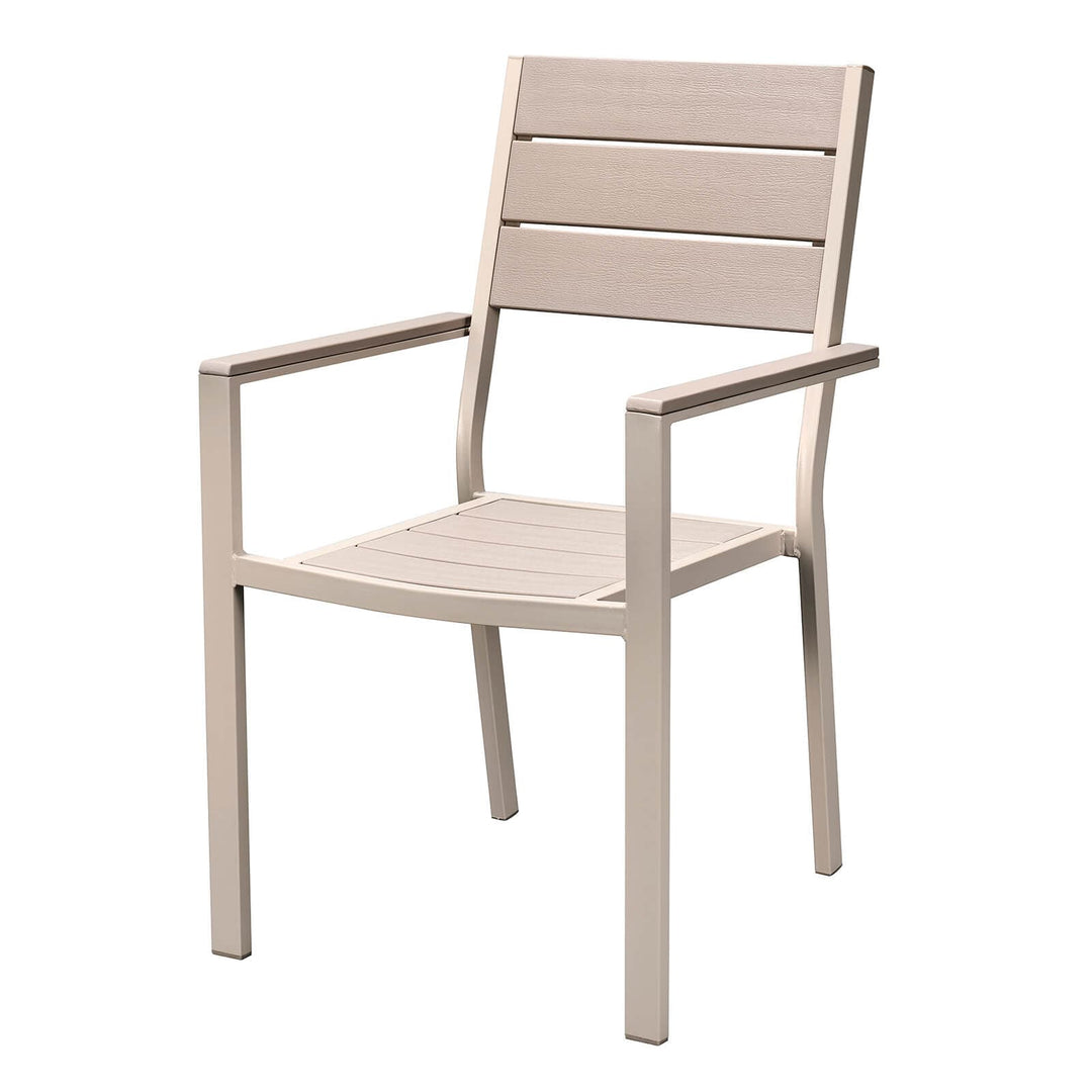 Beige outdoor carver chair with armrests on a white background