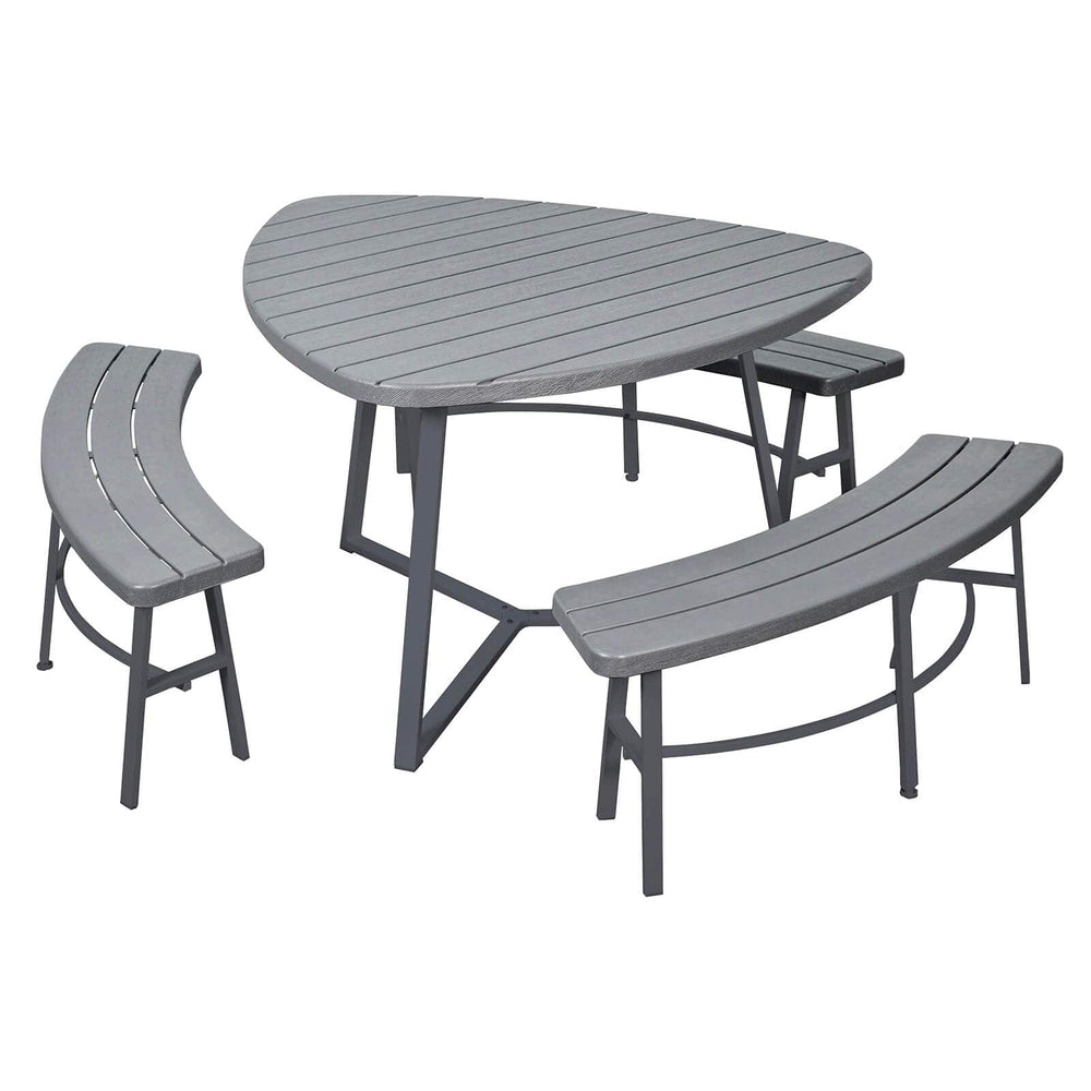 Grey outdoor picnic table with 3 curved benches on a white background
