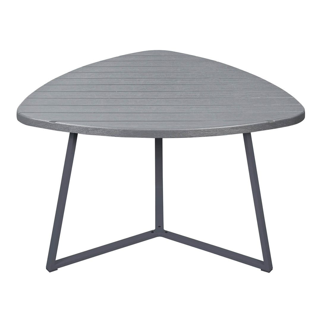 Triangular shaped outdoor picnic table on a white background