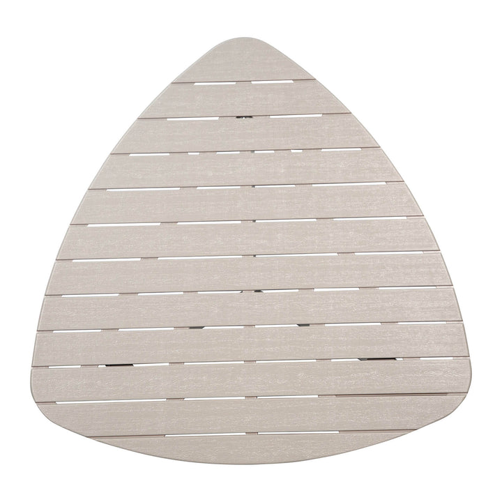Overhead view of a beige slatted triangular shape picnic table