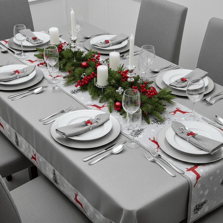 Dining table set for Christmas with gray tablecloth, white plates, silverware, and decorative candles. With additional Table runner not available.
