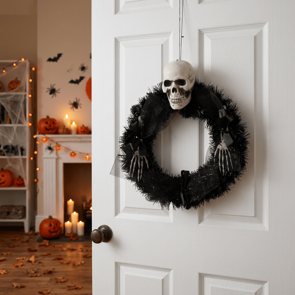 A Halloween wreath hanging on a white door, featuring a black tinsel-like ring with a skull at the top, black ribbons, and skeleton hands extending from the sides. The door is open to reveal a decorated Halloween room with pumpkins, candles, and spider decorations in the background.