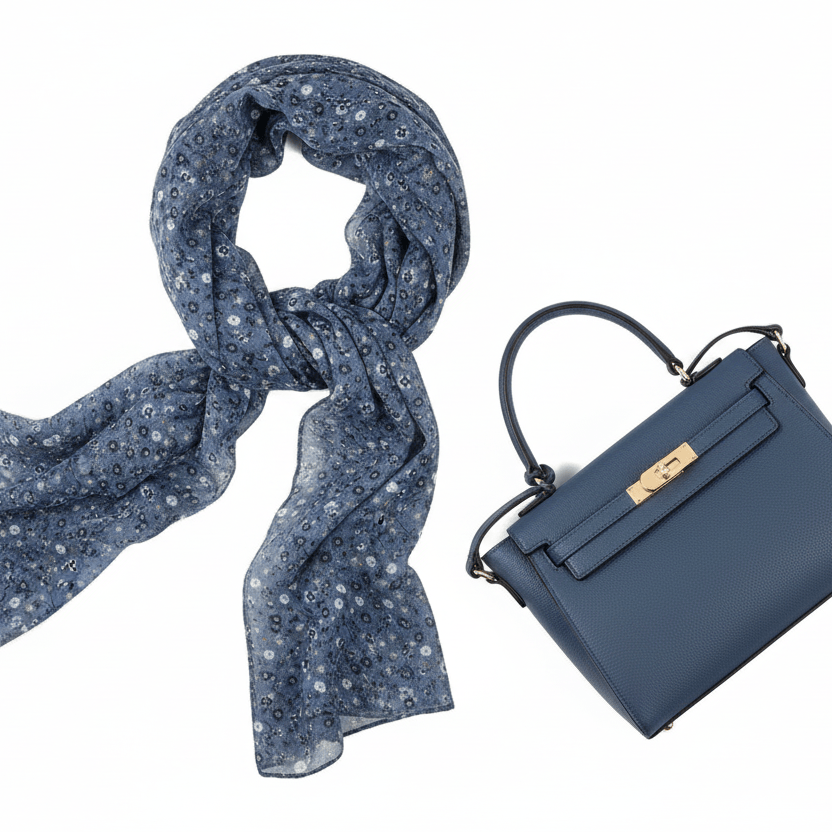 Blue scarf and handbag on a white background