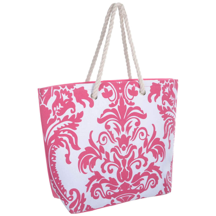 rose pink flower pattern beach bag with white rope handles on a white background