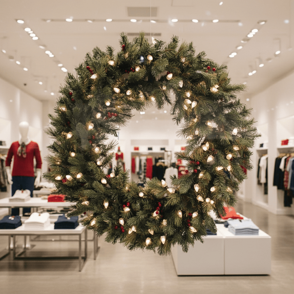 Decorative Christmas wreath with lights in a store setting