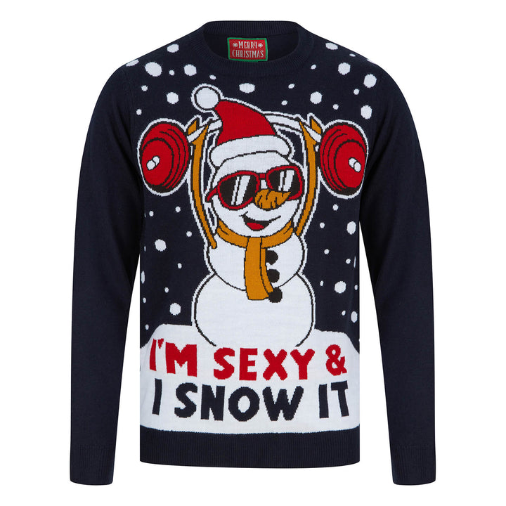 Mens Weightlifting Snowman Sexy &amp; I Snow It Christmas Jumper Ink / S