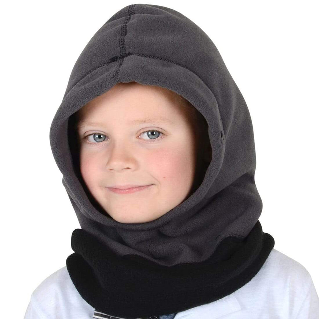 Child wearing a grey and black fleece hood on a white background