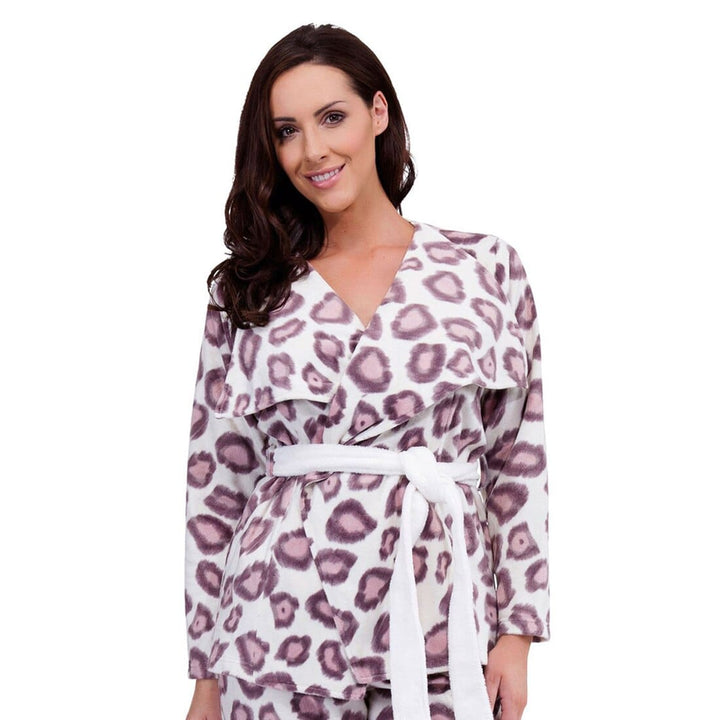 Womens Animal Print Polished Fleece Short Drape Bath Robe Cream &amp; Purple / UK 8-10