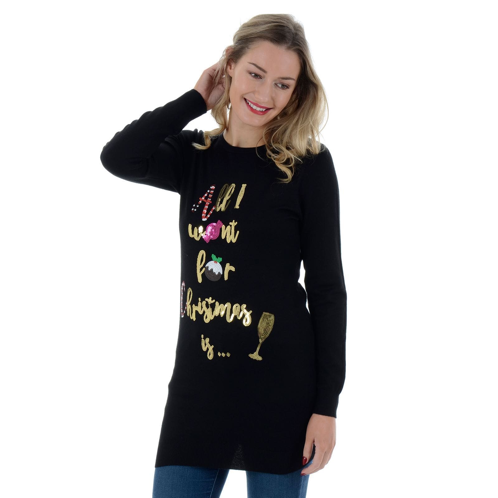 Womens Novelty Sequin All I Want For Christmas Tunic Jumper XS-Stock.co.uk Womens Novelty Sequin All I Want For Christmas Tunic Jumper XS-Stock.co.uk