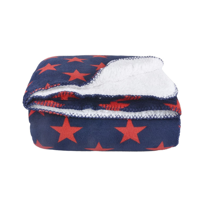 Luxury Double Layer Stars Sherpa Lined Fleece Blanket Sofa Bed Throw Navy &amp; Red / 150 x 200cm