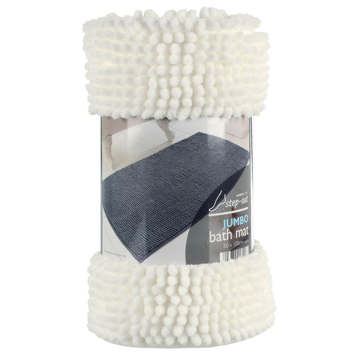 Step-Out Bath &amp; Shower Mat Shaggy Noodle Pile Fibre Non-Slip 50 x 100cm / White