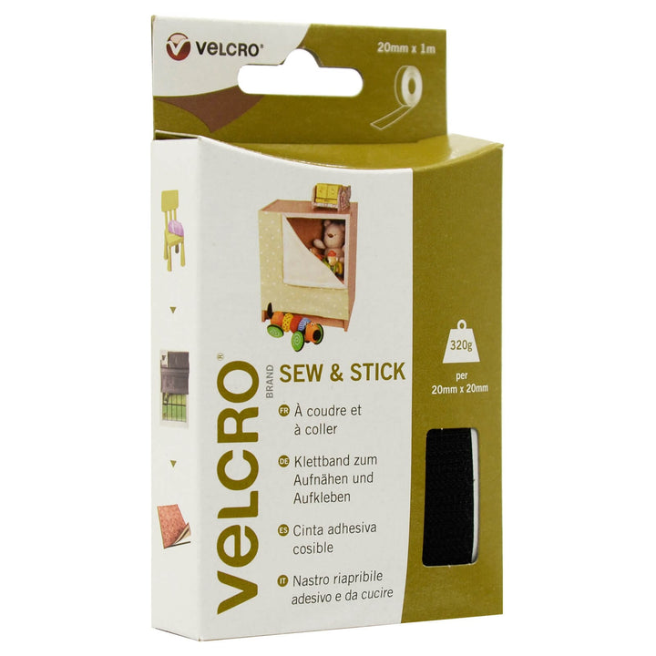 VELCRO® Brand Sew &amp; Stick Tape 20mm x 1m Rolls Cut To Size Black