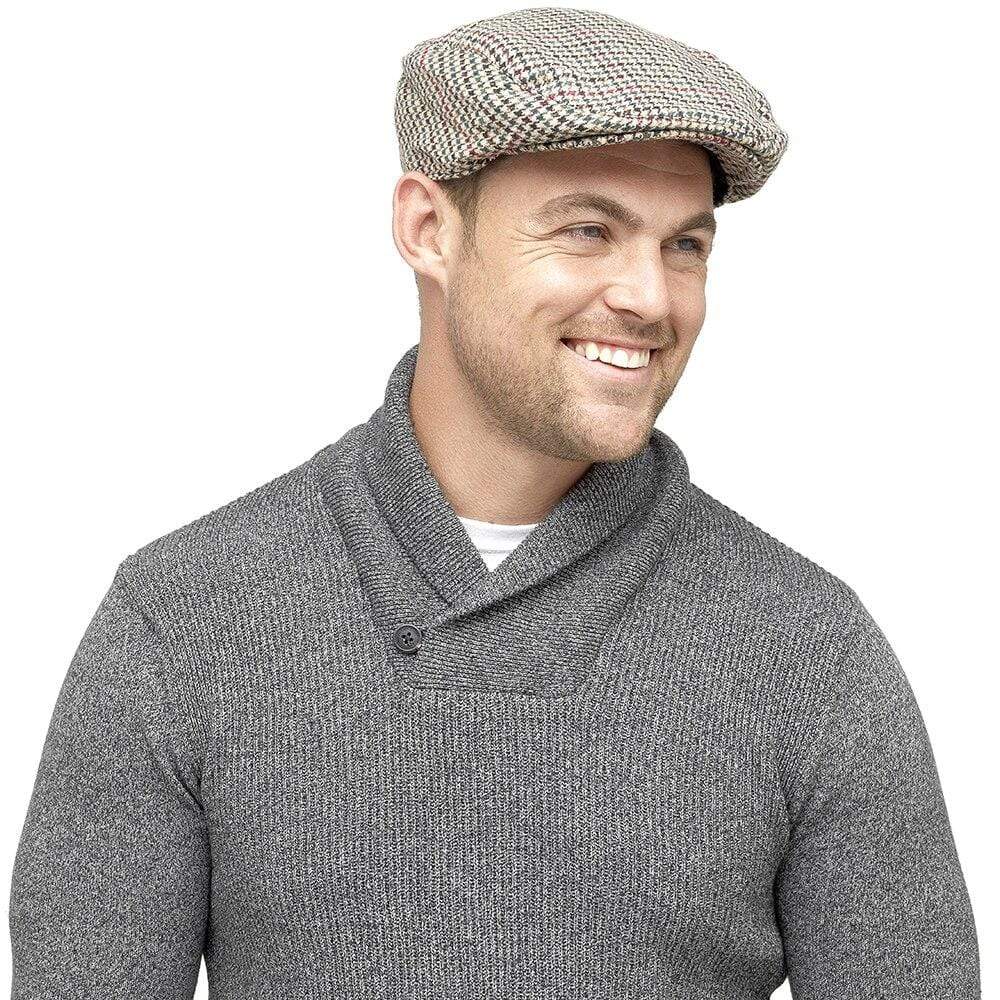 Mens Flat Cap Houndstooth Check Wool Blend Winter Hat –