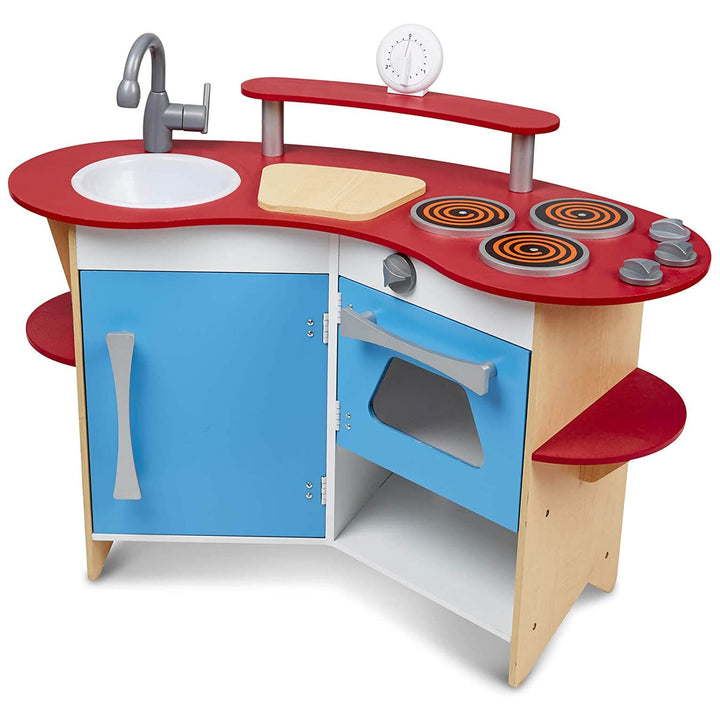 Melissa &amp; Doug Cooks Corner Wooden Kitchen Hob Oven Fridge 91cm