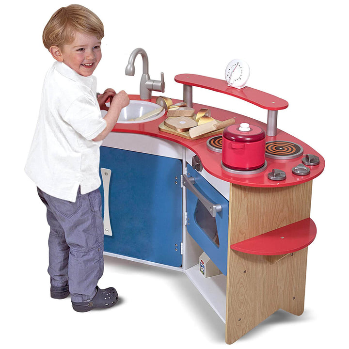 Melissa &amp; Doug Cooks Corner Wooden Kitchen Hob Oven Fridge 91cm