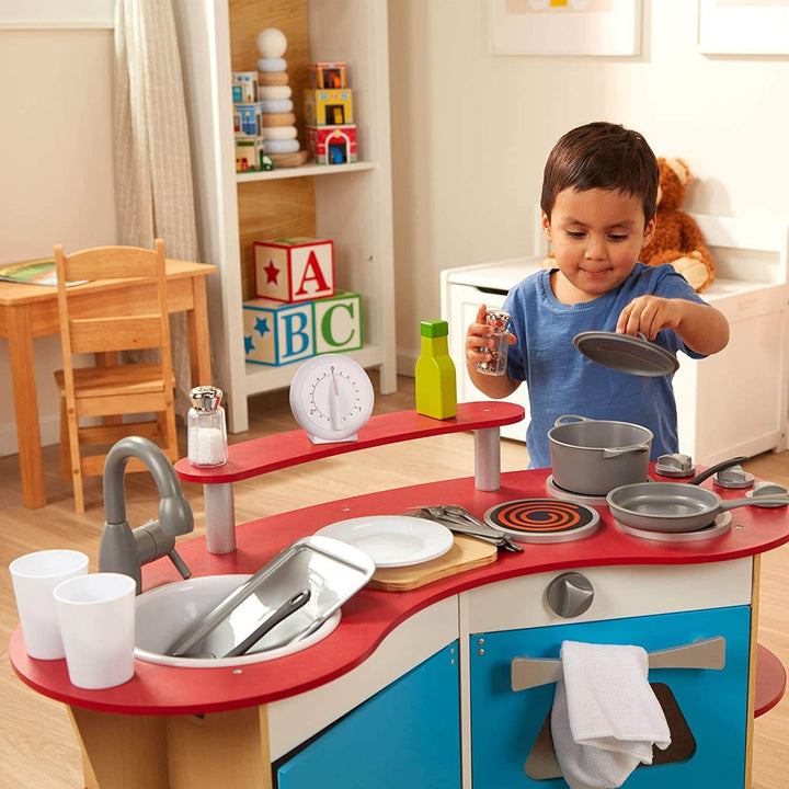 Melissa &amp; Doug Cooks Corner Wooden Kitchen Hob Oven Fridge 91cm