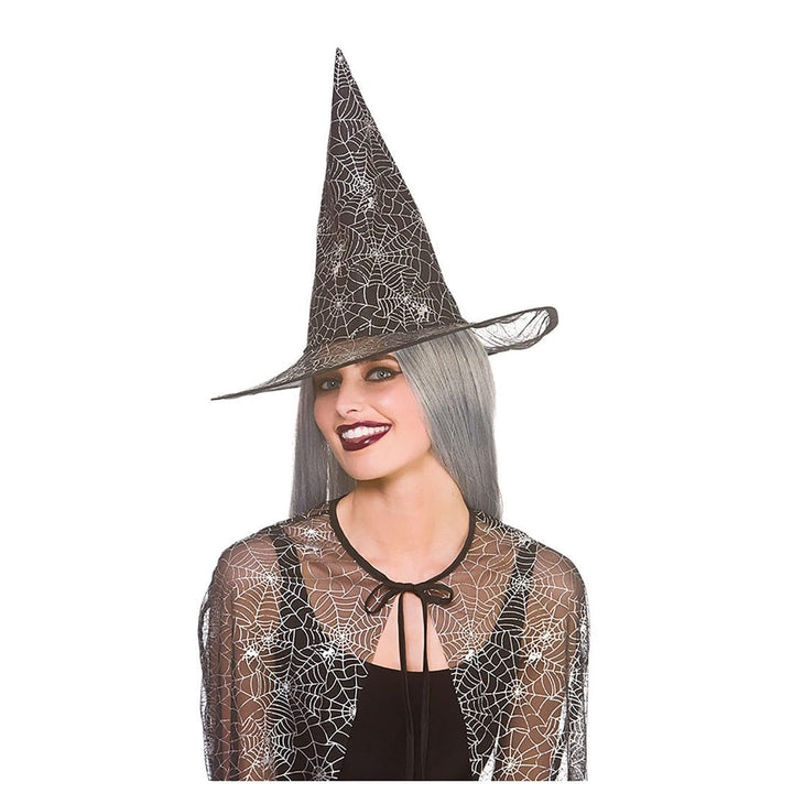 Adults Shimmering Spider Web Witch Cape &amp; Hat Halloween 125cm
