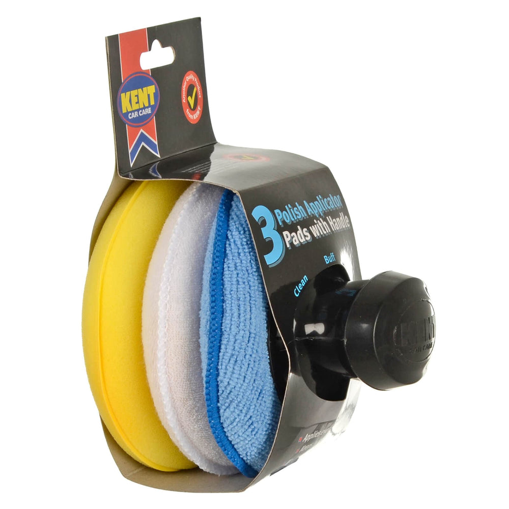 Kent Car Care 3 Polish Applicator Pads With Handle Clean Buff